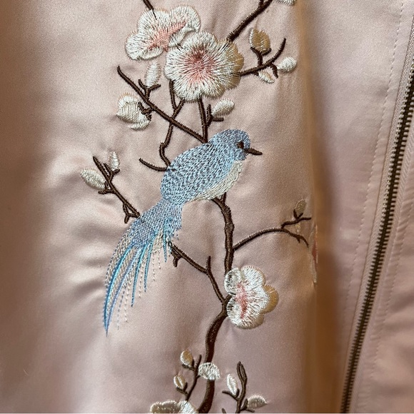 Pale Pink Embroidered Bomber Jacket Birds Flowers - Picture 5 of 8